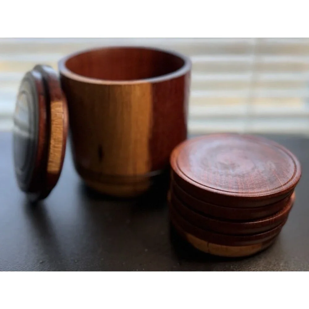 Vintage Wood Coaster Set of 5 Lidded Barrel Holder Rustic Cabin Barware Decor